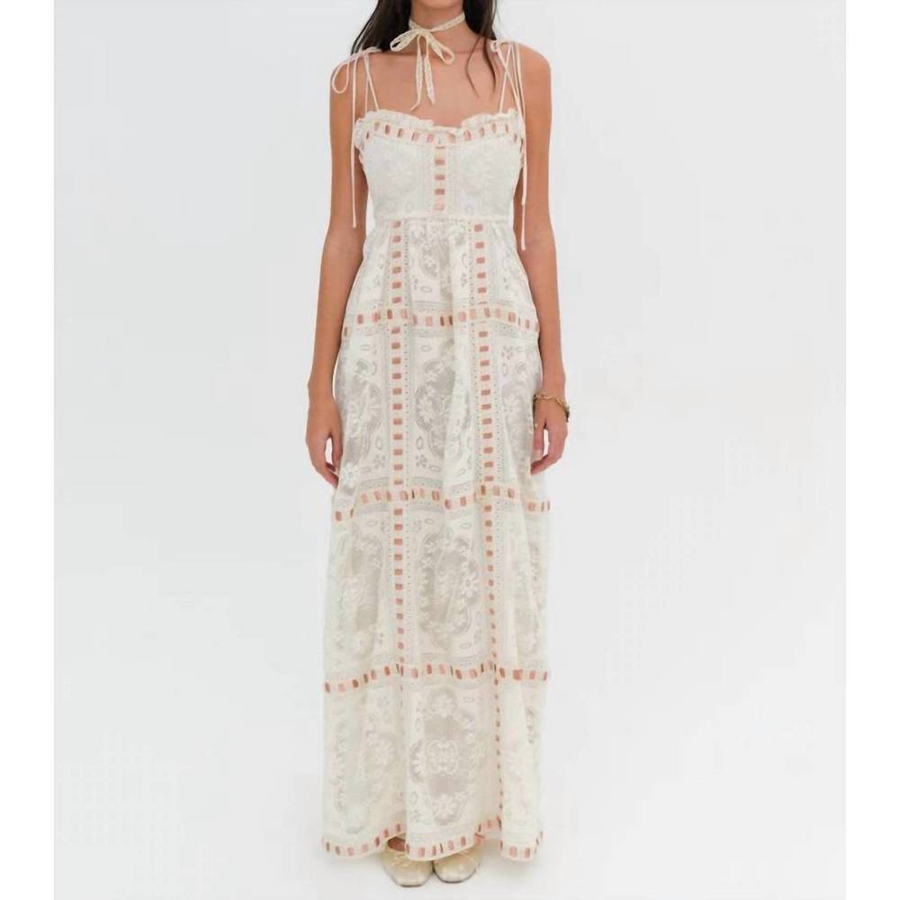 For Love & Lemons Cream Lace Maxi Dress with Blush Trim